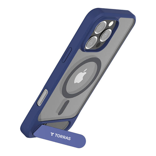 Torras Pstand - Coque iPhone 16 Pro béquille MagSafe, bleue : dépliée support