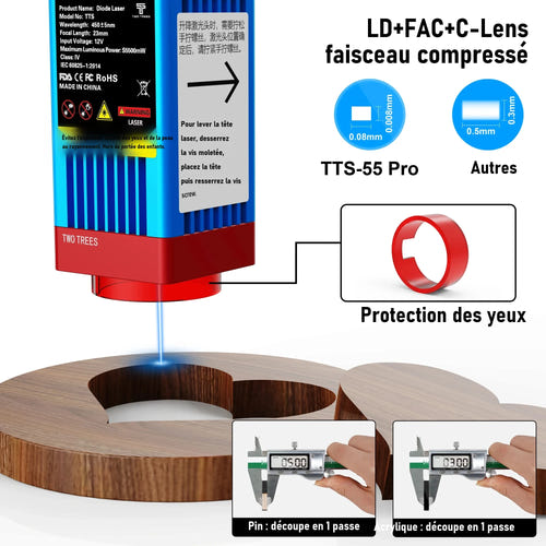 TwoTrees TTS-55 - graveuse et découpeuse laser 300 x 300 mm, spot comprimé 0,08 mm : structure aluminium double moteur