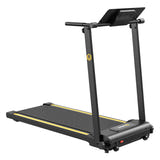 UREVO Foldi Mini - Tapis de course pliable 10 km/h, 12 programmes de fractionné, noir et orange : position repliée mur