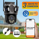 WONSDAR Caméra PTZ Wi-Fi triple objectif - 3 écrans, suivi automatique, IP66 : application icsee