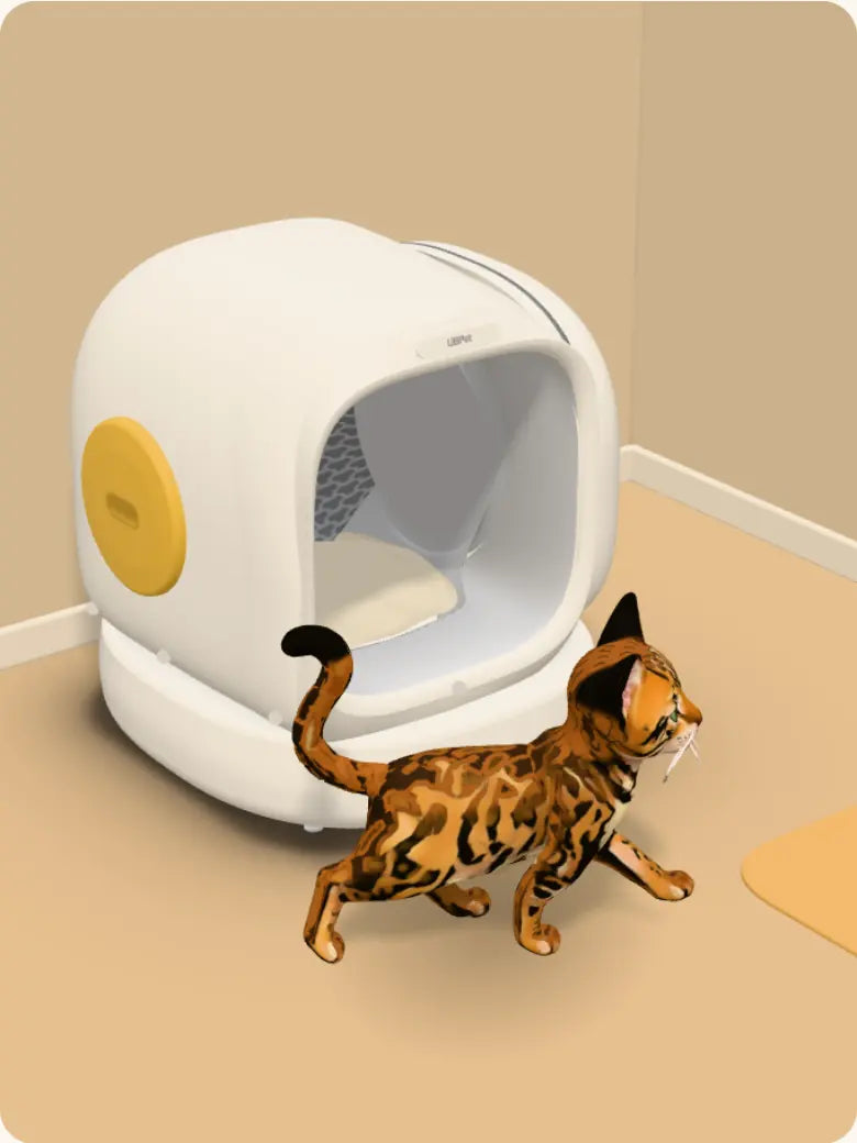 Film 3D : Yumi, chat Bengal, entre dans la litière autonettoyante UBPet C20 ; une fois qu’il est sorti, le tambour trie la litière et les déchets tombent dans le bac fermé